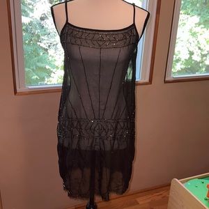 Free People black sheer beaded slip dress with adjustable straps in GUC size M!